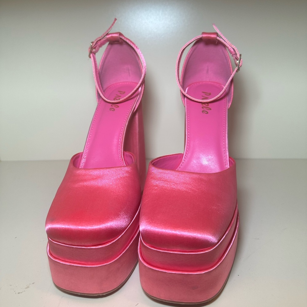 Pink satin platform heels
